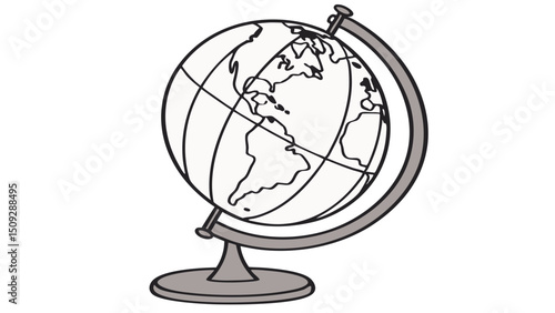 A simple depiction of a globe on a stand with continents outlined in black on a white background