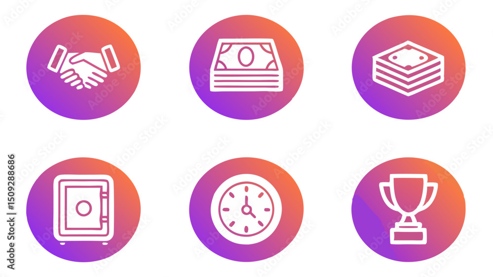 Collection of business themed icons including handshake money stack safe clock and trophy on gradient ovals Collection of business themed icons including handshake money stack safe clock and trophy on gradient ovals