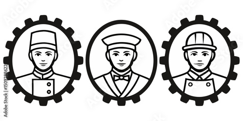 Three portraits of professionals in gear and oval frames showcasing different occupations in black and white