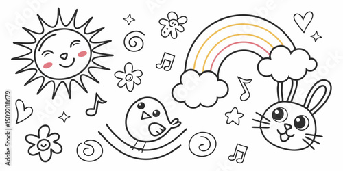 Doodle page with sun, rainbow, bunny, bird, flowers, music notes, hearts, and stars in black and white