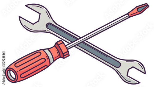 Crossed wrench and screwdriver showing repair tools for fixing and maintenance work in a graphic style