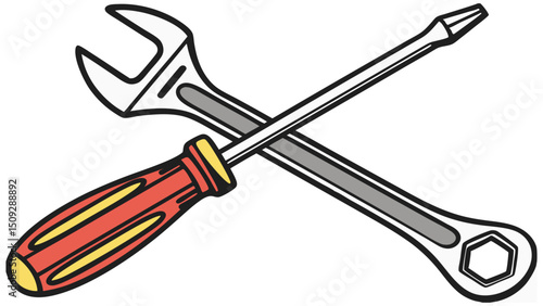Crossed adjustable wrench and screwdriver showing tools for repair and maintenance work needed now