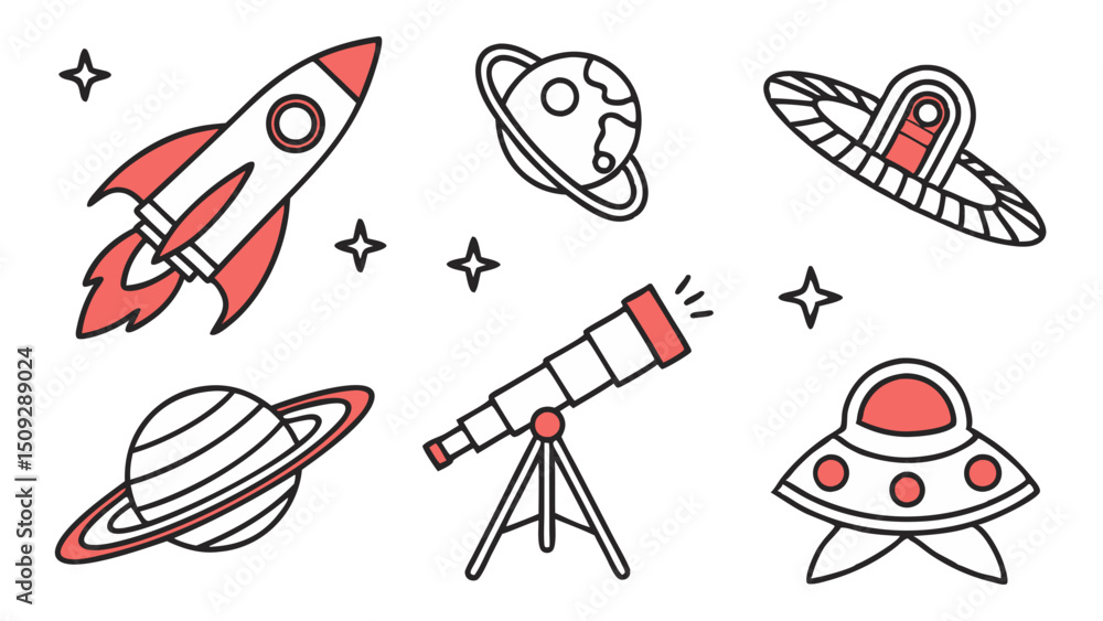 Obraz premium Collection of outer space themed doodles including a rocket, planets, telescope, and flying saucer