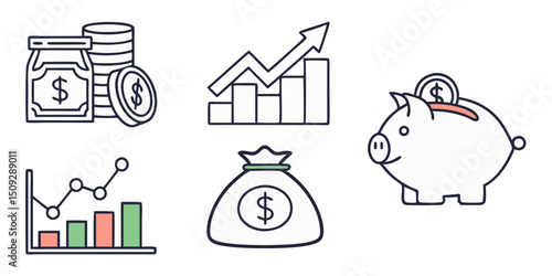 Collection of financial themed graphics showing growth and savings with piggy bank and coin jar