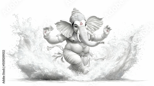 Ganesha in Water Splash: A Gray and White Digital Painting
