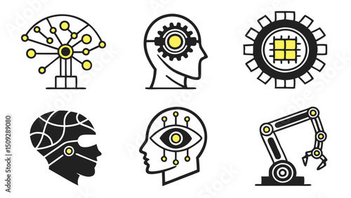 Collection of stylized depictions of artificial intelligence concepts and robotic components shown