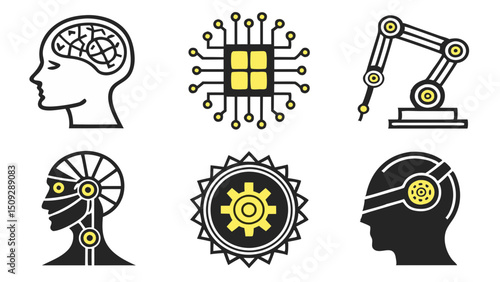 Collection of graphical depictions showing artificial intelligence and robotics concepts and designs