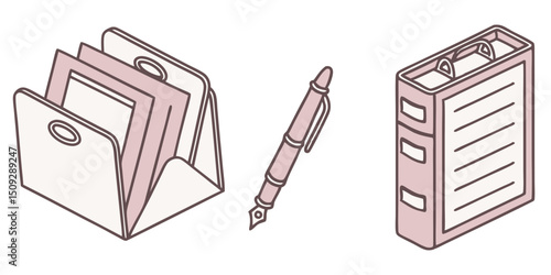 Isometric view depicting a file holder with documents, a pen, and a ring binder on a white background