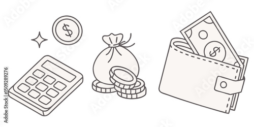 A drawing showing a calculator, a coin, a money bag, and a wallet with a dollar bill inside of the wallet