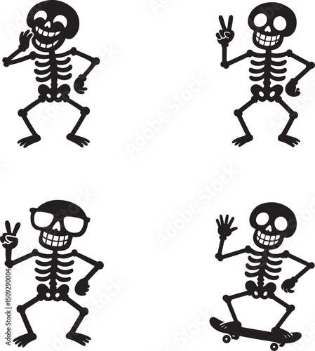 A collection of cartoon skeletons in various poses, waving, giving a peace sign, wearing sunglasses, and skateboarding