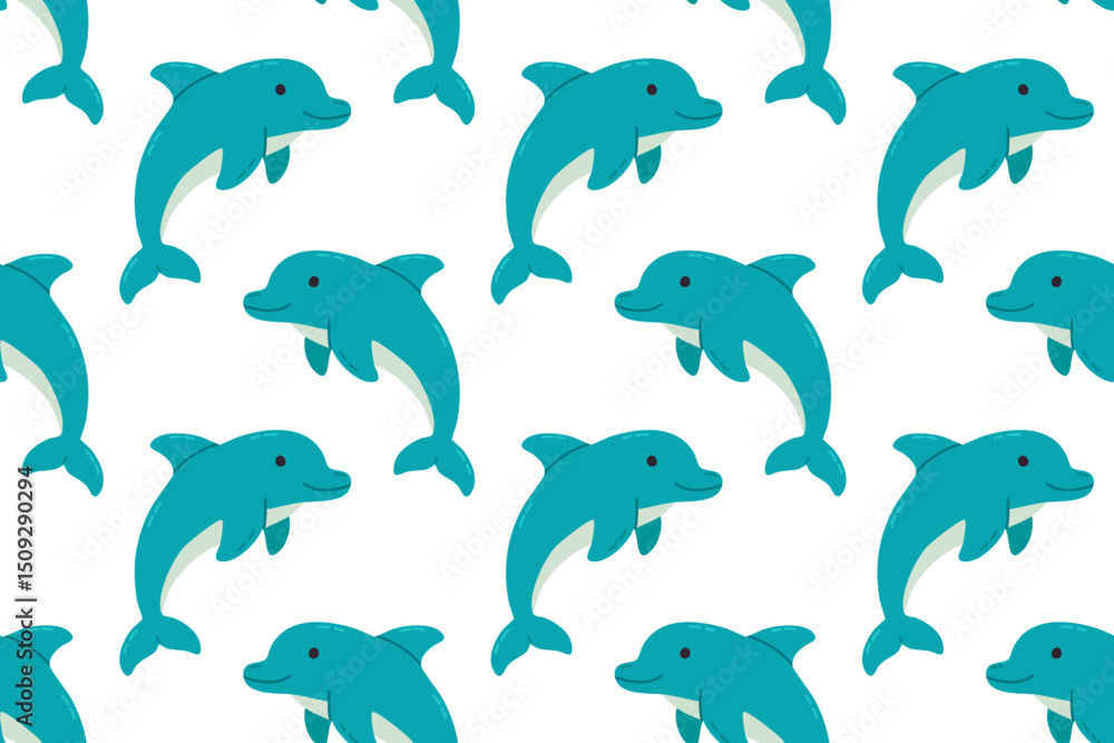 Obraz premium Seamless pattern with blue dolphins swimming on a white background, ideal for marine-themed designs and children’s products