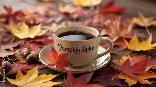 Steaming Pumpkin Spice Coffee Amidst Autumn Leaves