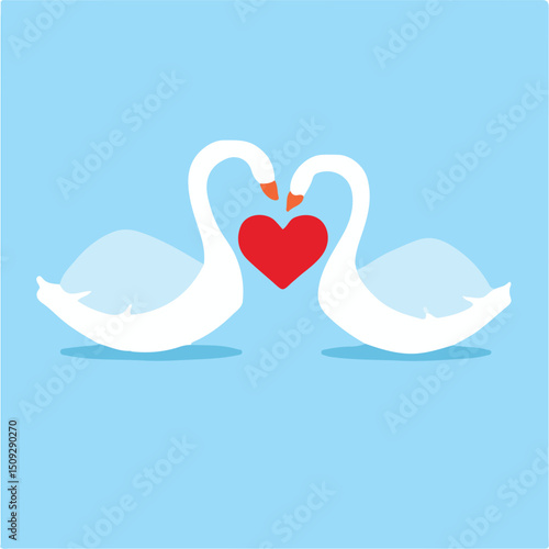 A red heart is situated between a pair of swans.
Two Swans in Love – Romantic Vector Illustration