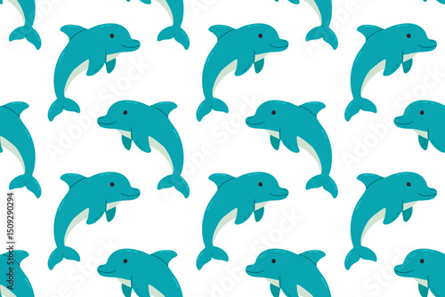 Seamless pattern with blue dolphins swimming on a white background, ideal for marine-themed designs and children’s products
