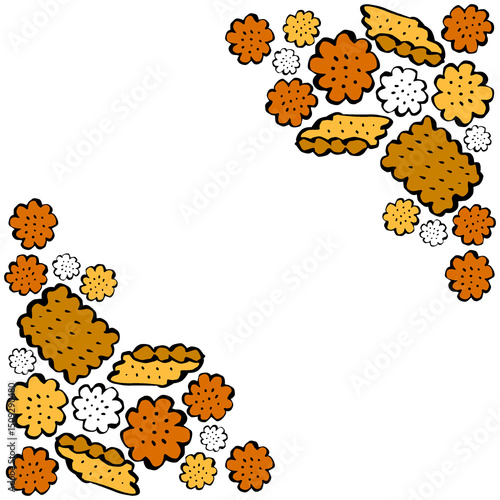 Appetizing cookies, crackers, biscuit pastries, seamless pattern in cartoon style. Frame with baking elements, ruddy buns.