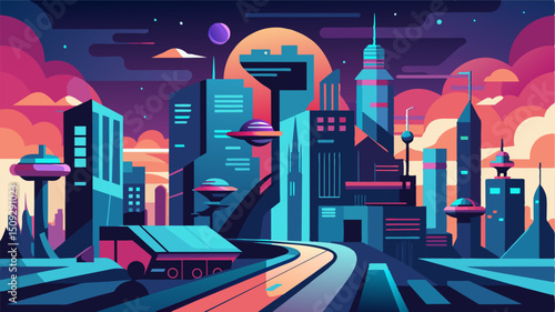 A futuristic cityscape backdrop sets the scene for a demonstration of how eVTOLs can navigate complex urban environments.. Vector illustration