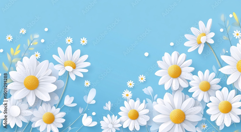 Chamomile garden flowers on blue background. Top view flat lay with copy space Chamomile garden flowers on blue background. Top view flat lay with copy space