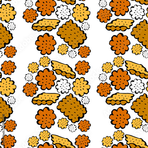 Delicious cookies, crackers, biscuit cakes, in a seamless pattern in cartoon style.