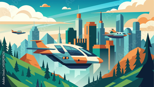 A fleet of sleek air taxis soaring gracefully over an ultramodern metropolis nestled within a verdant forest landscape.. Vector illustration