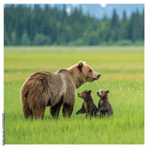 Brown bear, Ursus arctos, mother with two cubs on green meadow with copy space. Wide panoramic banner of wild mammal with her lovely offspring. Animal wildlife in summer ..