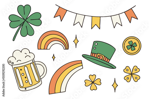 rainbow, four leaf clover, lucky charm, beer mug, flag bunting, icons, decorative elements, digital illustration, vector graphics, line art, minimal style
