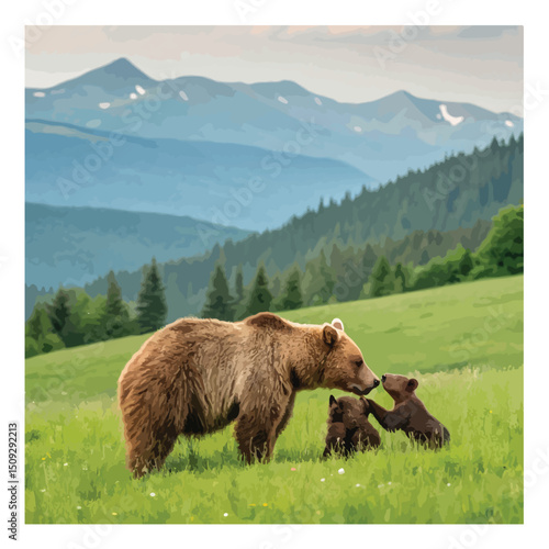 Brown bear, Ursus arctos, mother with two cubs on green meadow with copy space. Wide panoramic banner of wild mammal with her lovely offspring. Animal wildlife in summer ..