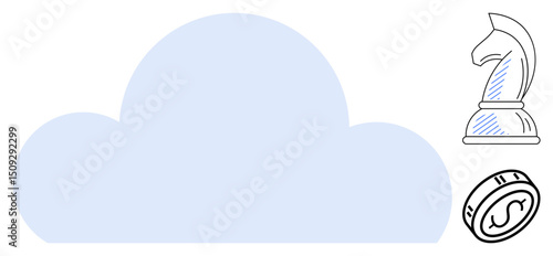 Blue cloud shape with chess knight symbolizing strategy and a coin representing finances. Ideal for technology, business growth, cloud services, strategic planning, digital innovation, investment