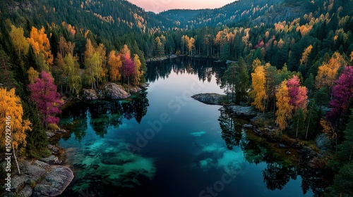 Vibrant autumn landscape with colorful trees surrounding a serene lake at sunset