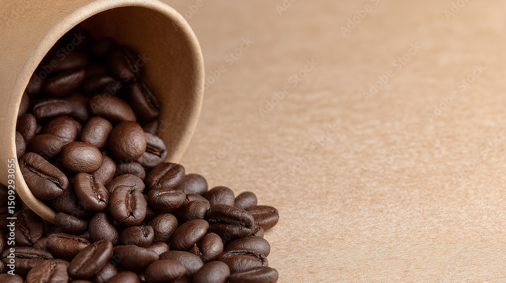 Dark Roasted Coffee Beans Spilled from Kraft Paper Cup Dark Roasted Coffee Beans Spilled from Kraft Paper Cup