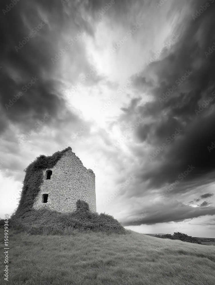 Fototapeta premium Black and white photograph of an old, dilapidated stone structure on a hill.