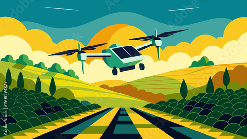 A lone eVTOL flies low over a lush vineyard its solar panels gleaming in the sun as it provides efficient aerial transportation to vineyard employees.. Vector illustration