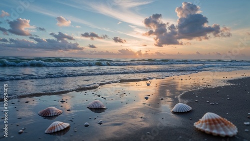 AI-Generated Illustration: Sunset Beach with Seashells