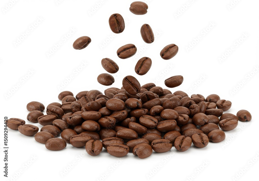 Naklejka premium Falling coffee beans creating a pile of roasted beans on a white surface in a studio shot