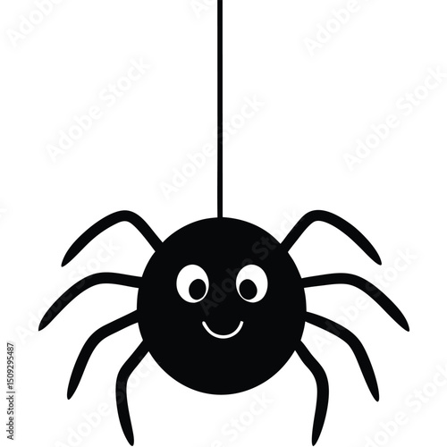 Cute black cartoon spider hanging on a string for halloween or children's design