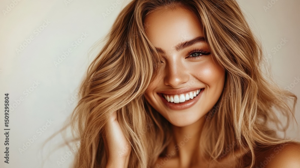Fototapeta premium Radiant Smiling Young Woman with Long Wavy Hair in Natural Light Portrait