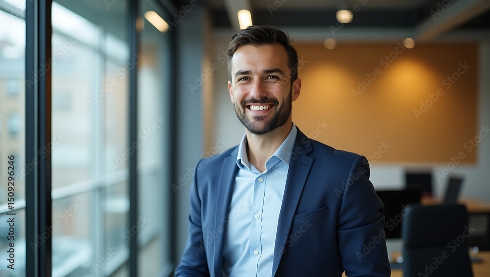 Fototapeta premium Confident young entrepreneur smiling in a modern office environment