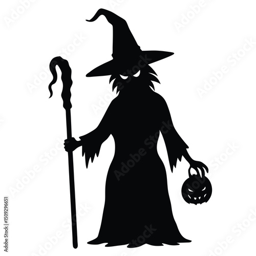 Silhouette of a witch with hat staff and pumpkin for halloween festive celebration design