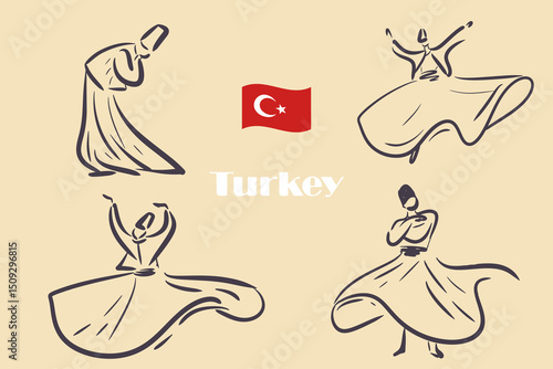 Set line drawing of dervishes, turkish traditions, hand drawn vector illustration.