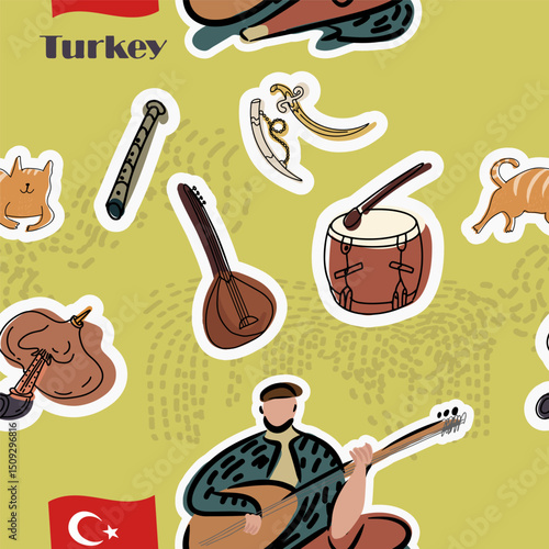 Seamless pattern symbols of turkey, hand drawn vector illustration, stickers.