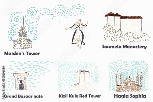 Set line drawing texture hand drawn sights of turkey, vector art.