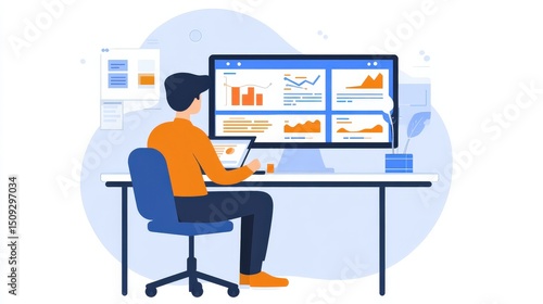 Person working at a desk with multiple displays showing data.