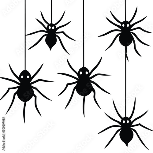 Simple black silhouette spiders hanging with strings for halloween decorations or spooky designs