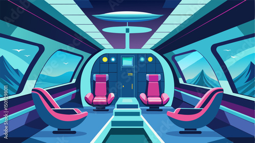 A lifesize mockup of a futuristic air taxi interior complete with luxurious seating and advanced inflight entertainment systems.. Vector illustration