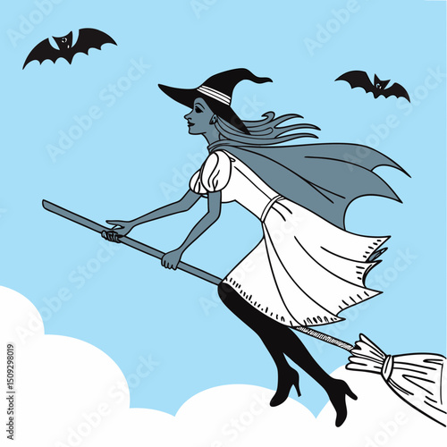 Witch silhouette flying on broom with bats.