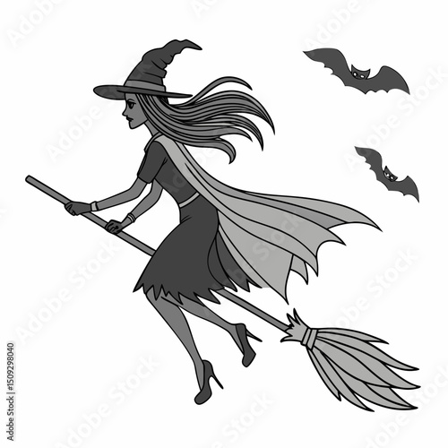 Witch silhouette flying on broom with bats.