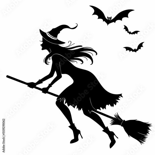 Witch silhouette flying on broom with bats.
