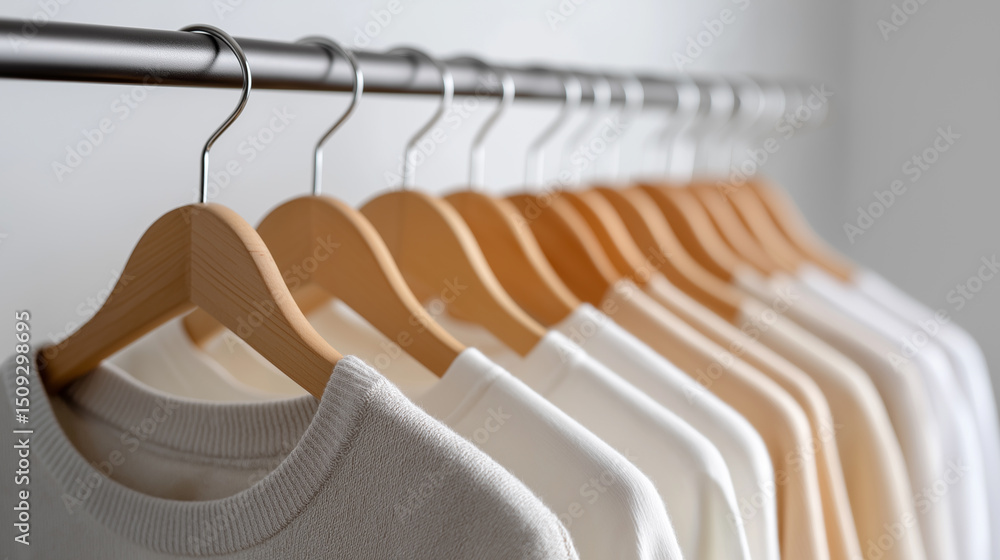 Fototapeta premium Row of neutral-toned t-shirts hanging on wooden hangers in a minimalist, well-organized wardrobe. 