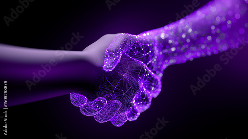 Handshake between a human hand and a glowing digital hand composed of purple light connections, symbolizing collaboration between humans and artificial intelligence.
