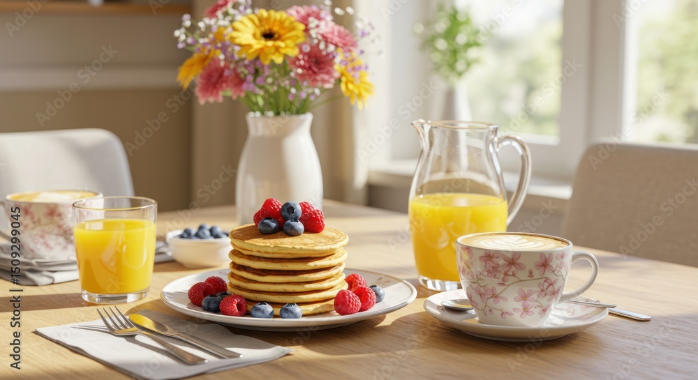 Delicious pancakes topped with fresh berries served with orange juice and coffee Delicious pancakes topped with fresh berries served with orange juice and coffee