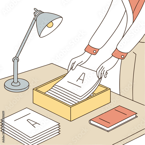 Person organizing documents into a box on a desk with a lamp and notebook, copy space
